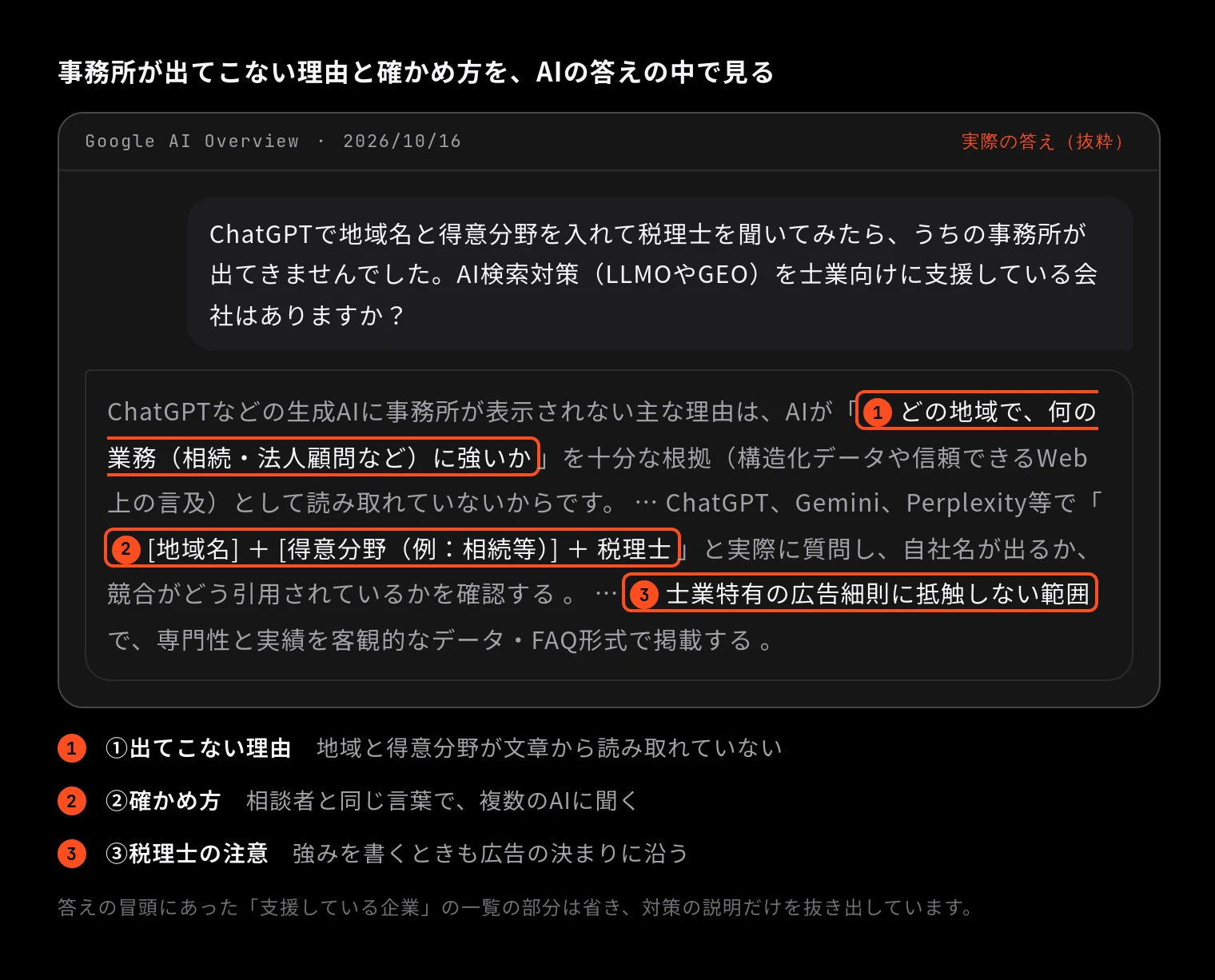 事務所が出てこない理由と確かめ方を、AIの答えの中で見る(Google AI Overview 2026/10/16「ChatGPTで地域名と得意分野を入れて税理士を聞いてみたら、うちの事務所が出てきませんでした。AI検索対策(LLMOやGEO)を士業向けに支援している会社はありますか?」の答えに印を付けたもの)