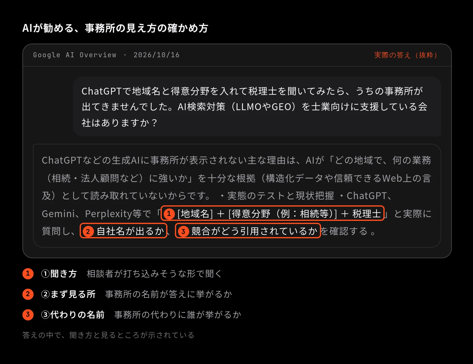 AIが勧める、事務所の見え方の確かめ方(Google AI Overview 2026/10/16「ChatGPTで地域名と得意分野を入れて税理士を聞いてみたら、うちの事務所が出てきませんでした。AI検索対策(LLMOやGEO)を士業向けに支援している会社はありますか?」の答えに印を付けたもの)