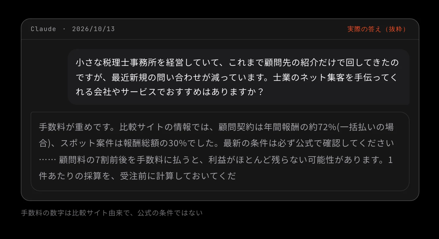 Claude 2026/10/13 に「小さな税理士事務所を経営していて、これまで顧問先の紹介だけで回してきたのですが、最近新規の問い合わせが減っています。士業のネット集客を手伝ってくれる会社やサービスでおすすめはありますか?」と聞いた答え(抜粋)