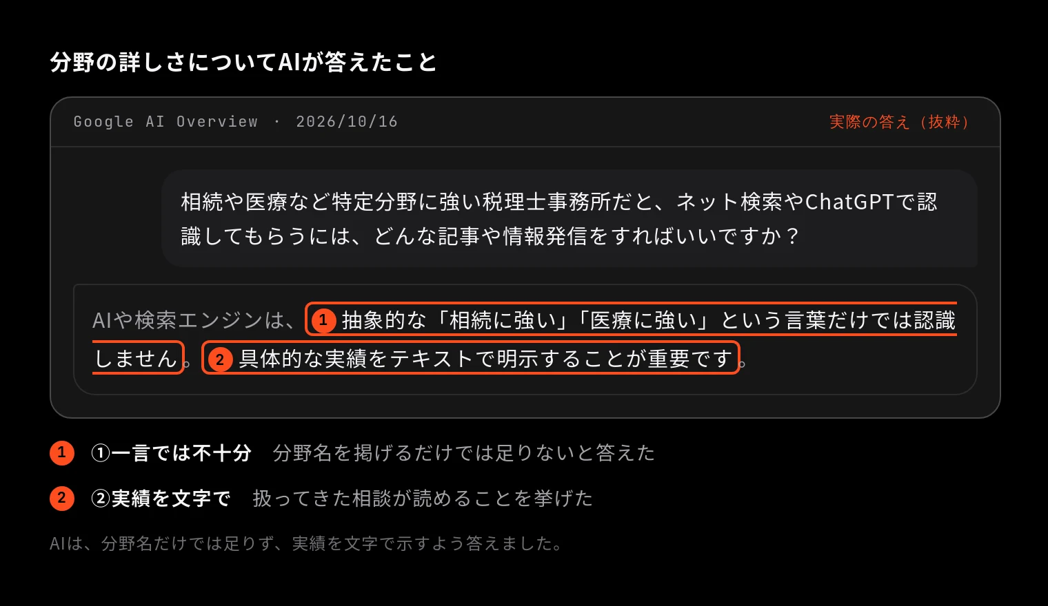 分野の詳しさについてAIが答えたこと(Google AI Overview 2026/10/16「相続や医療など特定分野に強い税理士事務所だと、ネット検索やChatGPTで認識してもらうには、どんな記事や情報発信をすればいいですか?」の答えに印を付けたもの)